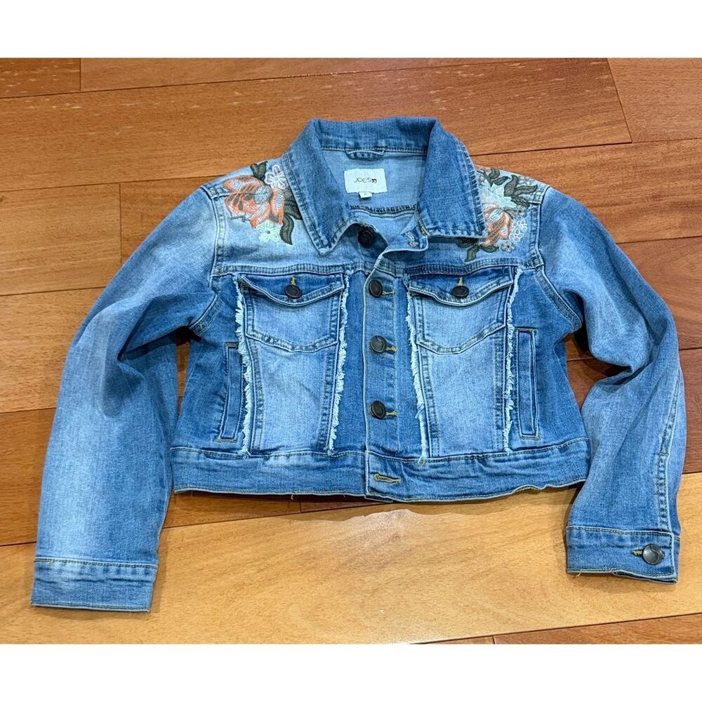 Joe's Jeans Denim Jacket Girls Blue Floral Embroidered Frayed Cropped Size S